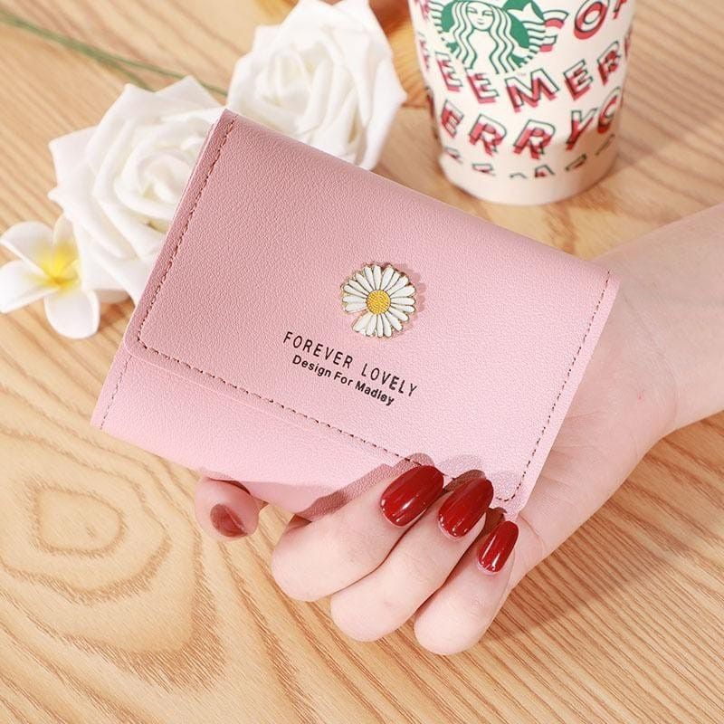 (COD)Dompet Lipat Wanita Kecil Motif Bunga Daisy Dompet Wanita Mini Fashion-Q27-Pink muda
