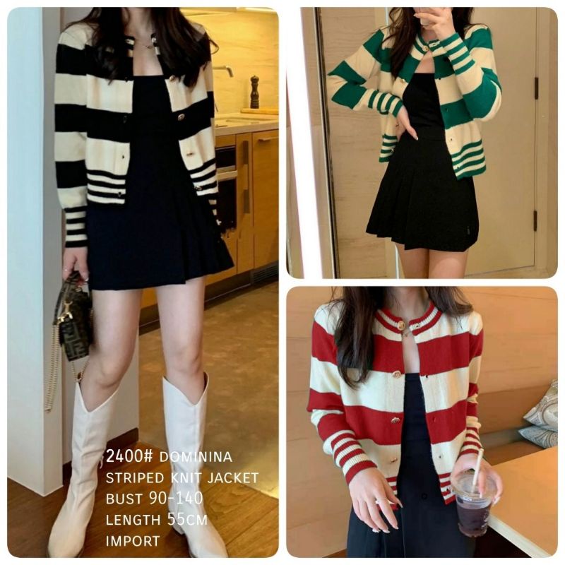 MDLV ~ 2400 Dominina Striped Knit Jacket Women Knit Stripe Cardigan Import Cardigan Garis Rajut Cardigan Rajut Premium Cardigan Rajut Lengan panjang Cardigan Premium Good Quality Fashion Import