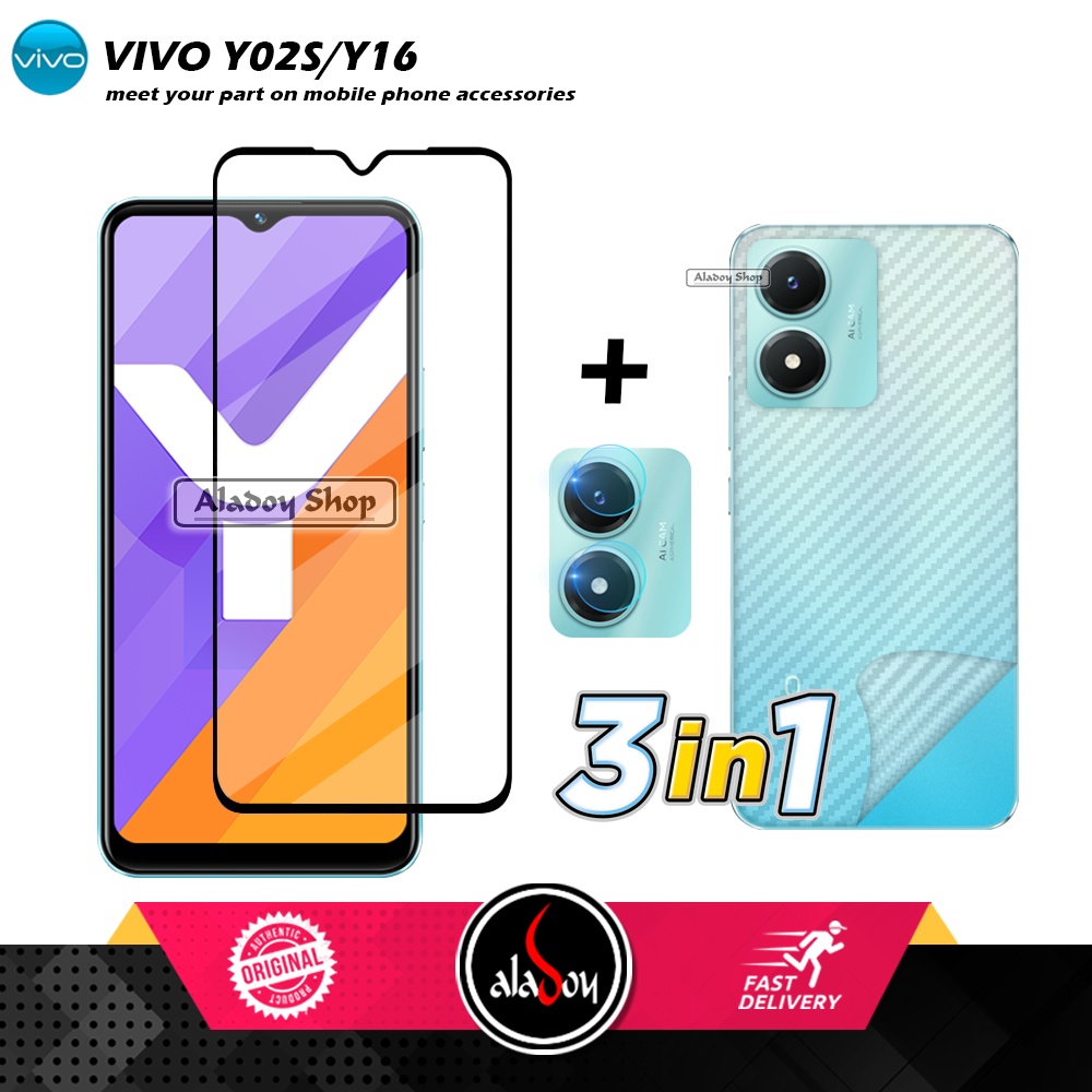 PROMO 3 IN 1 PAKET Tempered Glass Vivo Y02S/Y16 Free Tempered Glass Camera dan Skin Carbon