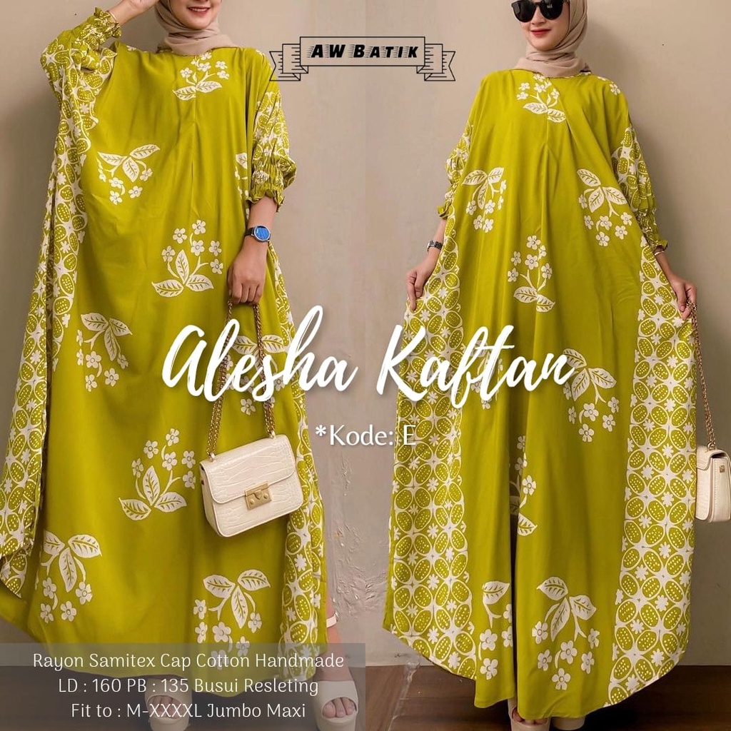 Batik A W - Alesha Kaftan Batik Wanita Jumbo XXXXL Motif Batik Cap Encim Soft Color Busui Resleting Lengan 3/4 Gamis Rayon Jumbo Kaftan Terbaru