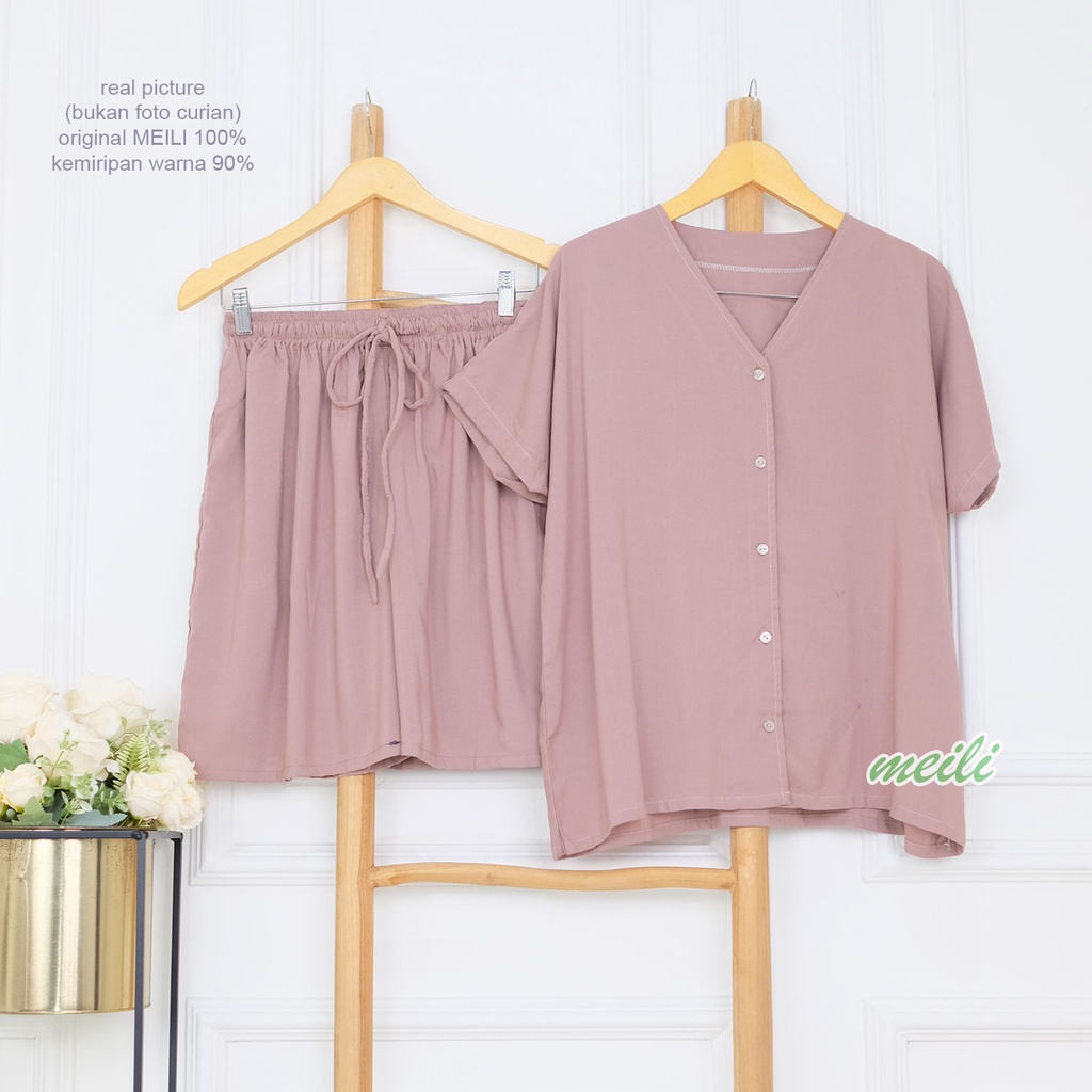 BIGSIZE | XXL 5L LD 120 140 Gemoy Oneset Rayon Polos Aneka Warna Setelan Piyama Jumbo Celana Pendek Sleep Wear Original Meili-1