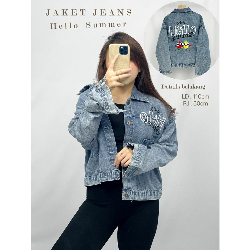 HOPYLOVY - Jaket Jeans Wanita Oversize Kekinian Snow Acid Hello Summer