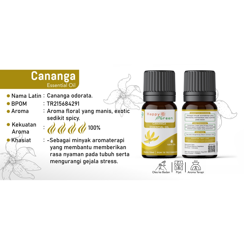 BPOM Happy Green Cananga Essential Oil - Minyak Atsiri Bunga Kenanga -100% Pure &amp; Natural Garansi Uang Kembali