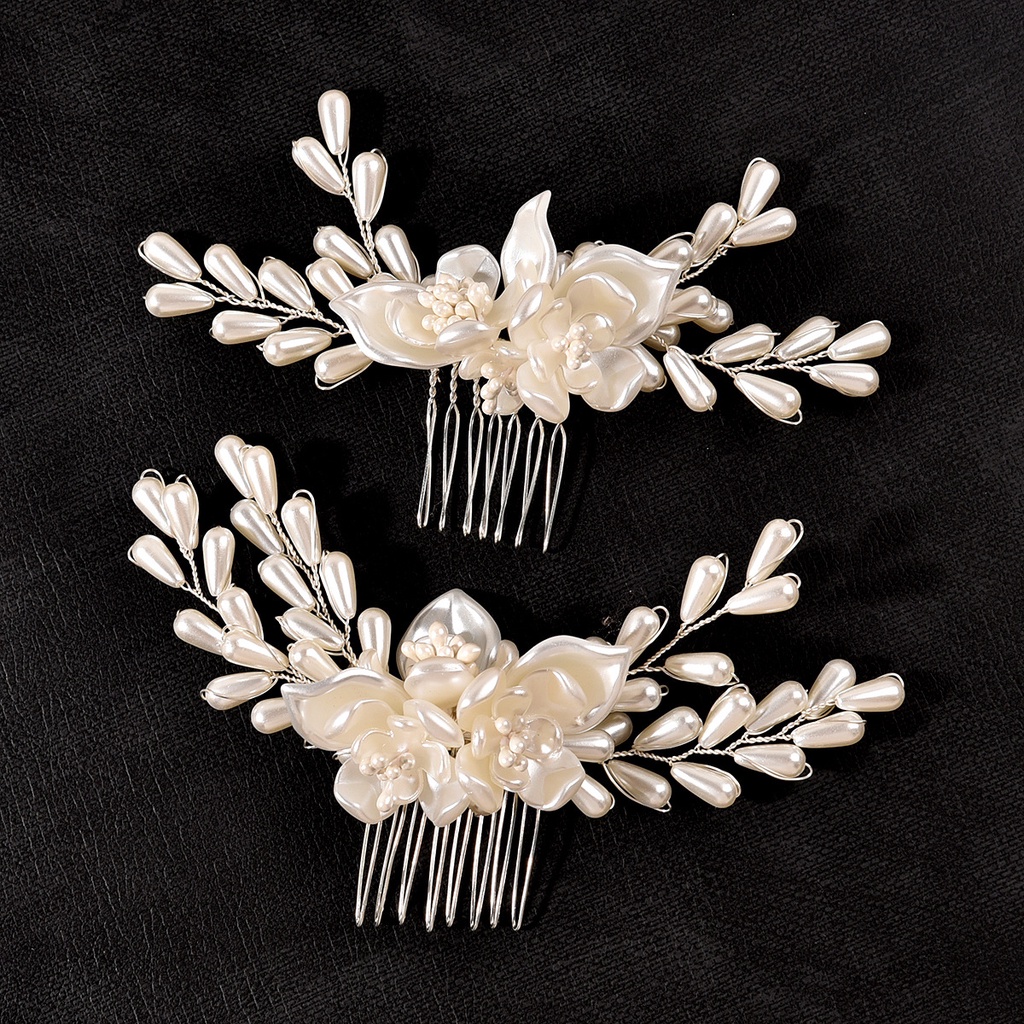 2 pcs Handmade Wedding Flower Headpiece Bridal White pearl Haircomb Hair Accessories