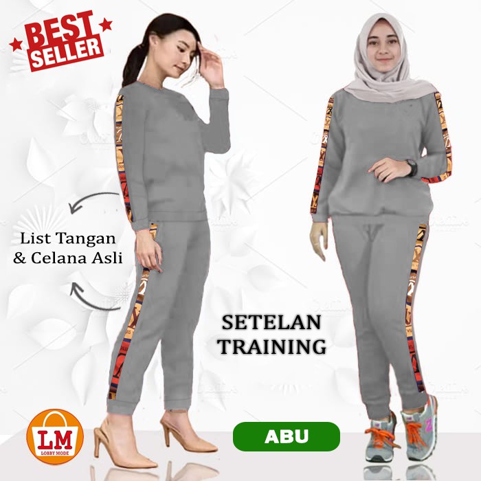 LMS 23855 Baju Setelan Olahraga Senam Training Wanita Motif list Bahan Baby Terry