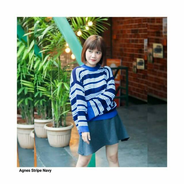 Baju Cewek Rajut Agnes Stripe Navy