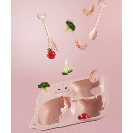 SET Tempat makan anak gambar Dino Pink Perlengkapan makan anak lucu SET tableware anak murah dan lucu