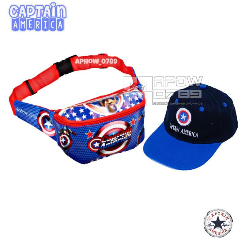 tas selempang anak anti air waistbag anak topi anak captain america 2in1 tas bahu anak