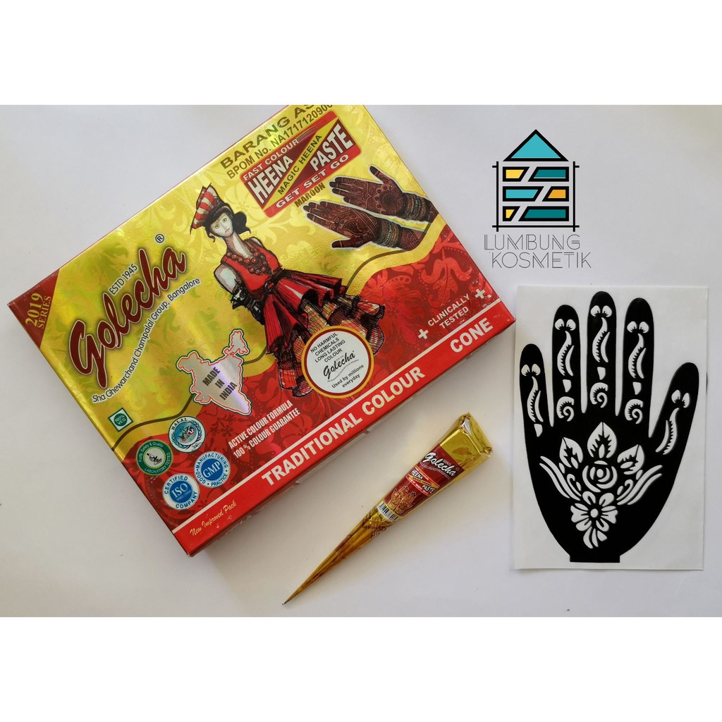 Paket Henna Golecha Maroon + Cetakan Sticker Hena Merah Hati Marun