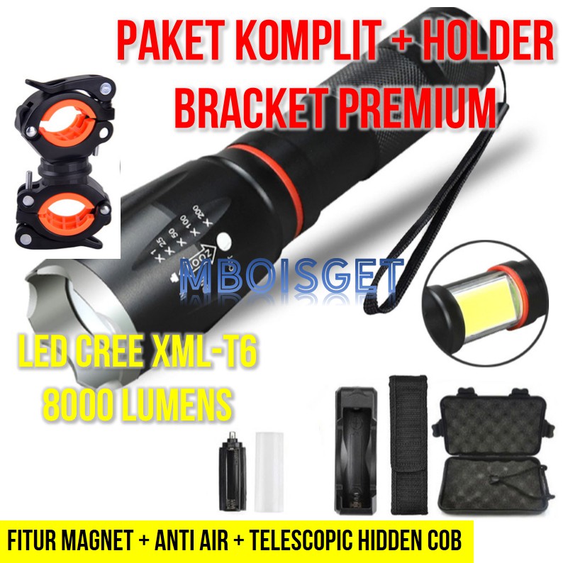 Lampu Senter PAKET KOMPLIT LENGKAP LED cree xml T6 Sepeda mancing outdoor swat police WATERPROOF