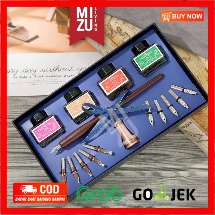 

(BISA COD) MIZU BLACKLETTER Calligraphy Set Kaligrafi 1 Pen 11 Steel Nibs 4 Inks - FIRE WOOD
