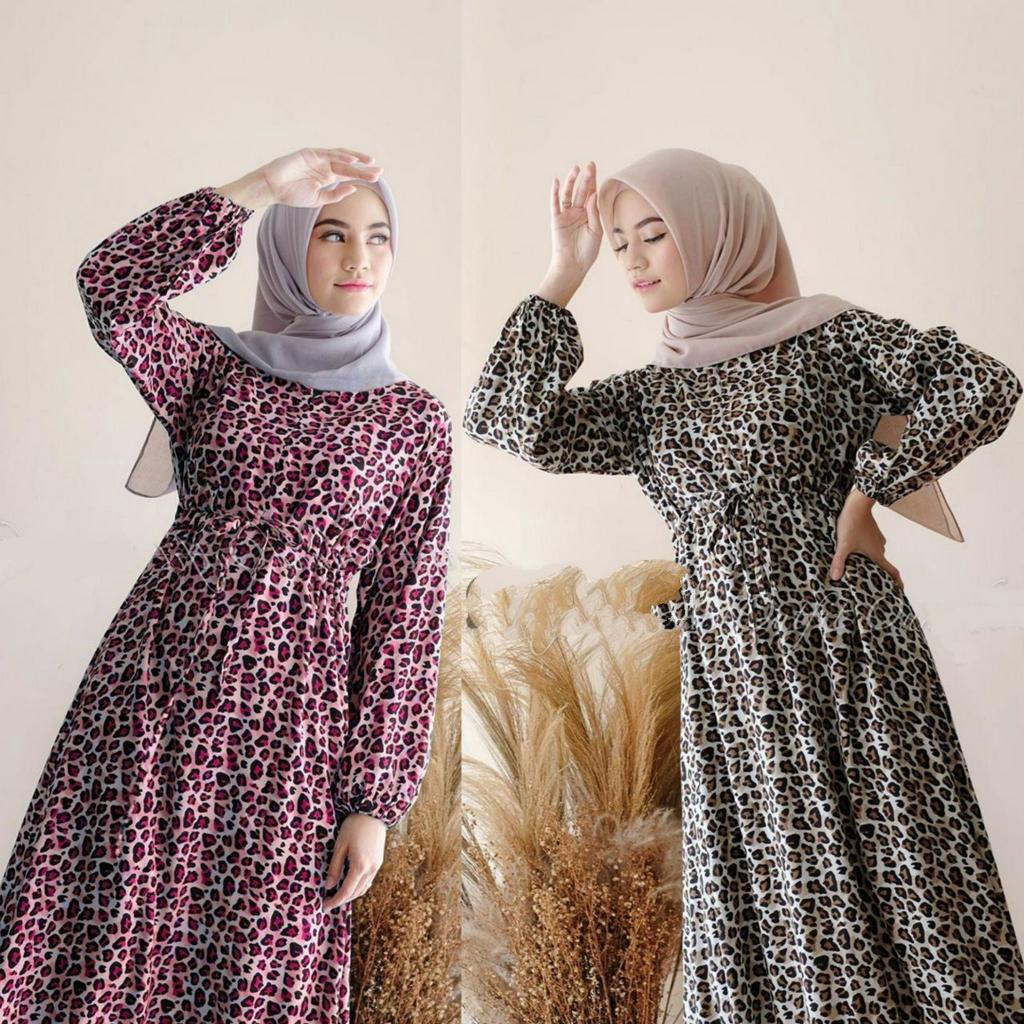 Ayudia Leopard Dress Wanita Rayon Premium Import Gamis Terbaru Lengan Panjang Baju Muslim Kekinian LD 110 cm