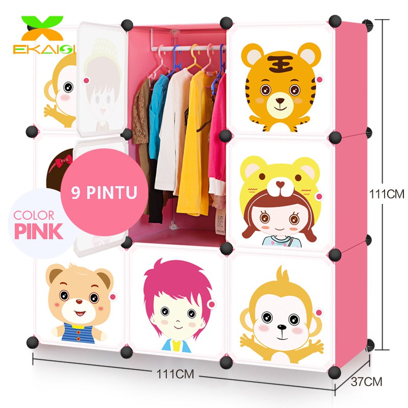 Ekaisi Lemari portable pakaian plastik rak serbaguna susun lemari baju anak 9 kotak pintu hello kitty