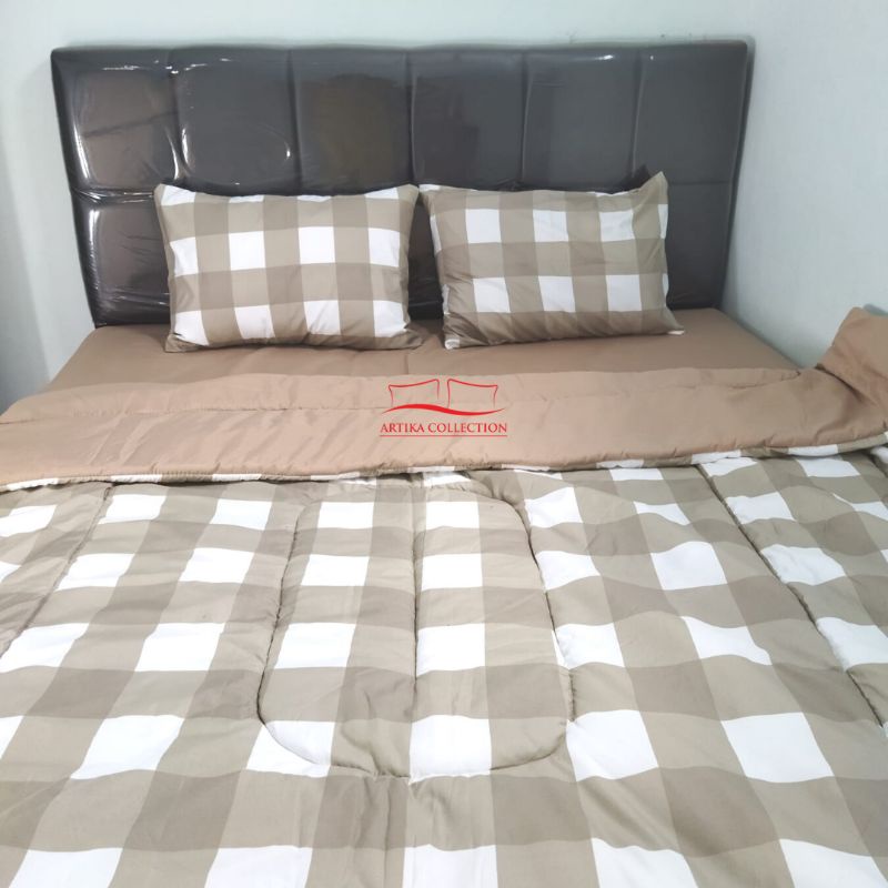 Bedcover Set Sprei Estetik Motif Kotak Khaki Bahan Polymicro 120x200 160x200 160x200 180x200 Sudah Termasuk Sarung Bantal Guling