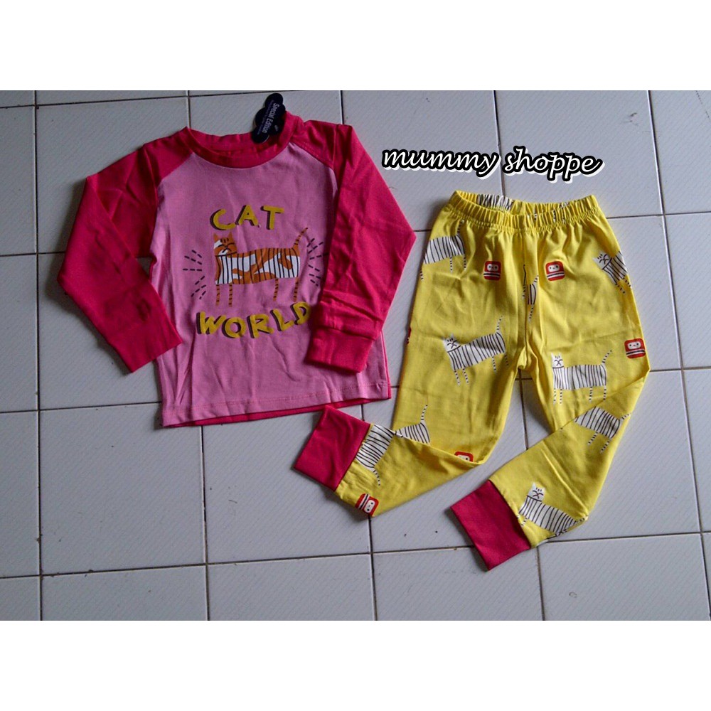 setelan baju tidur anak SE 25-E Piyama Cat world pink yellow