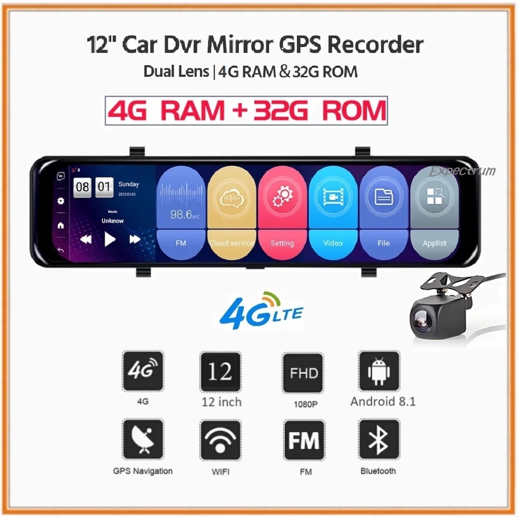 CAR DVR 12 inchi 4GB + 32GB. Wifi GPS BT Android System 8.1 LCD IPS 4G