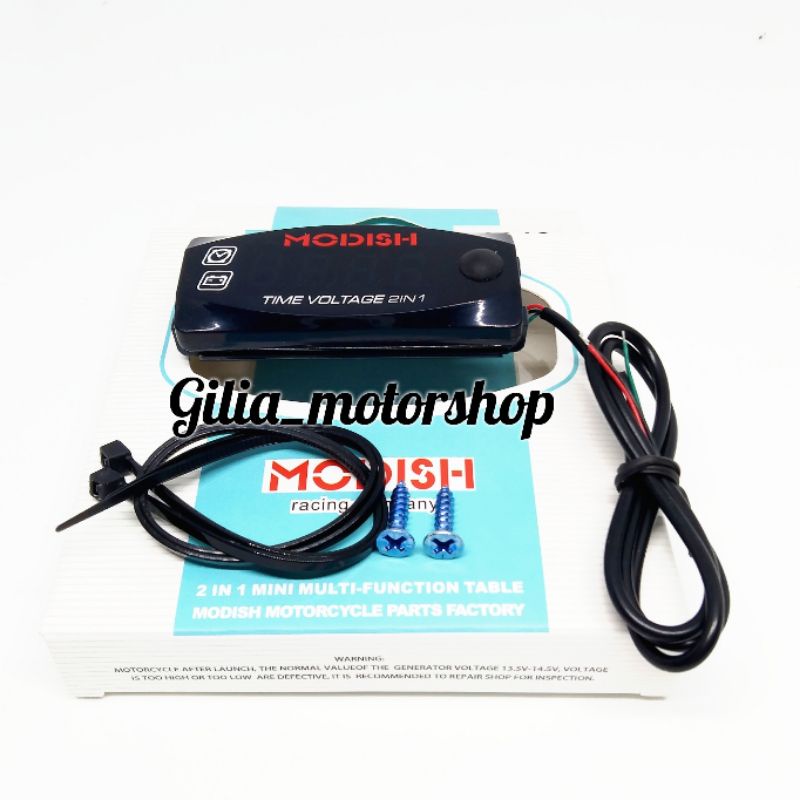 Volt meter Digital 2 IN 1 Jam Digital + Voltmeter Aki Voltmeter Sepeda Motor 2 in 1 Biru Waterproof