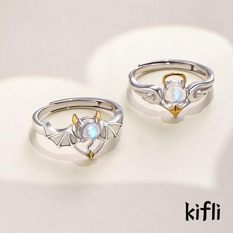 Perhiasan Cincin Silver Desain Malaikat Devil Hias Moonstone Biru Untuk Pasangan (KD)