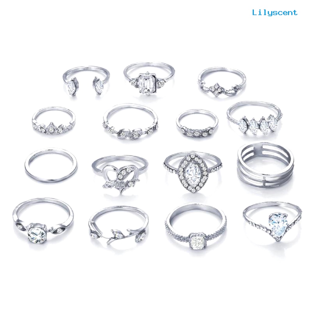 Ls 15Pcs / Set Cincin Susun Gaya Bohemia Hias Berlian Imitasi Untuk Wanita