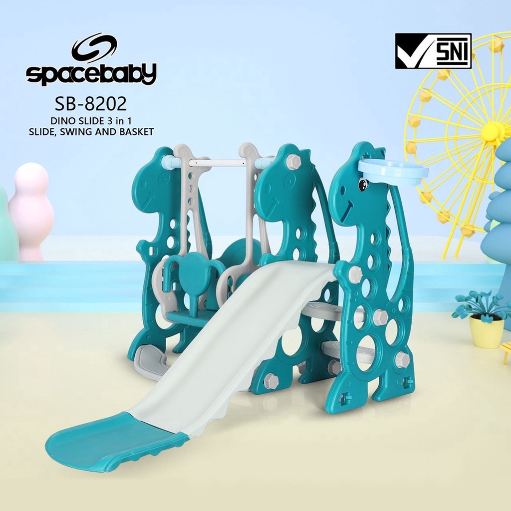 Mainan Anak Perosotan Prosotan Slide Model Dino Ayunan ring keranjang bola basket karet SB8201 & SB8202 By Spacebaby 3 in 1 Slide Swing and Basket-Green SB8202