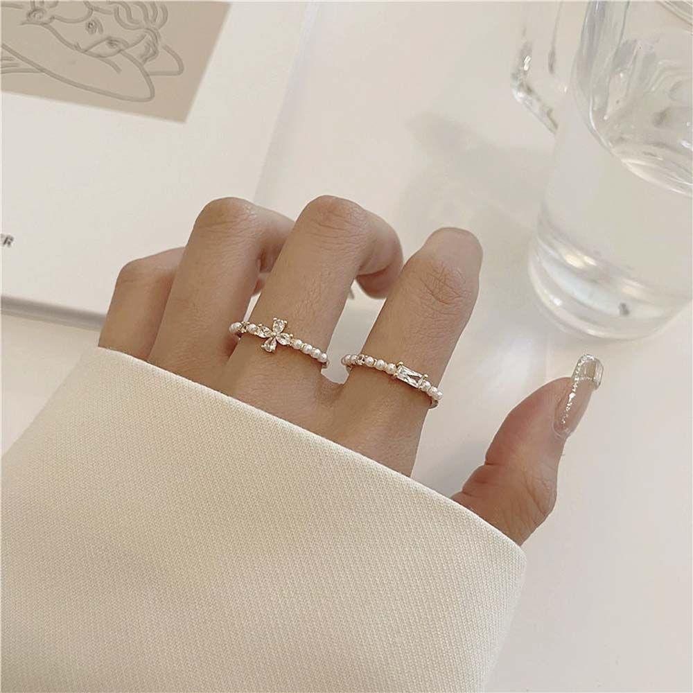 MXBEAUTY Cincin Mutiara Hadiah Gadis Minimalis Elegan Dengan Zirkon Lady Perhiasan Pesta Pernikahan Geometris Rings