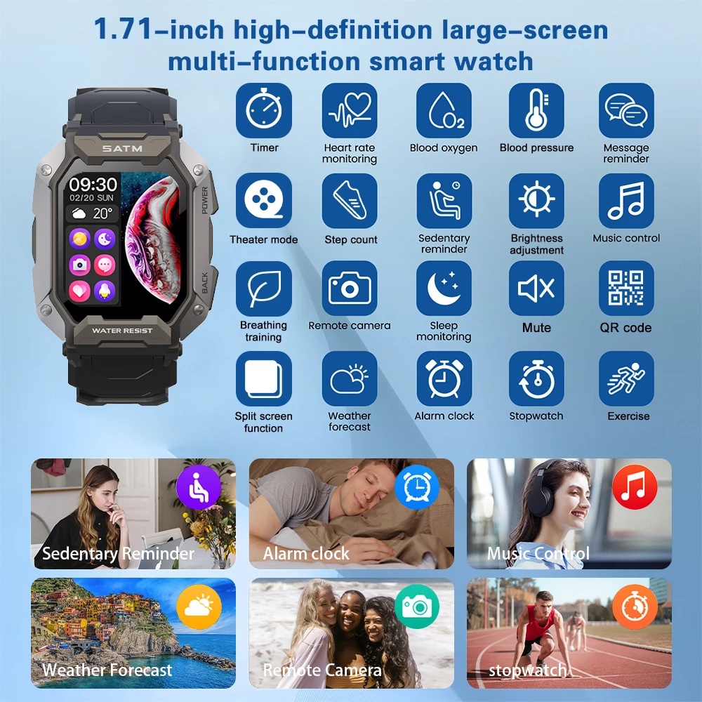 2022 Baru Olahraga Smart Watch C20 1.71 Inci Layar Persegi IP68 Tahan Air Denyut Jantung Darah Oksigen Monitor Kebugaran Tracker Bluetooth SmartWatch for Android ios