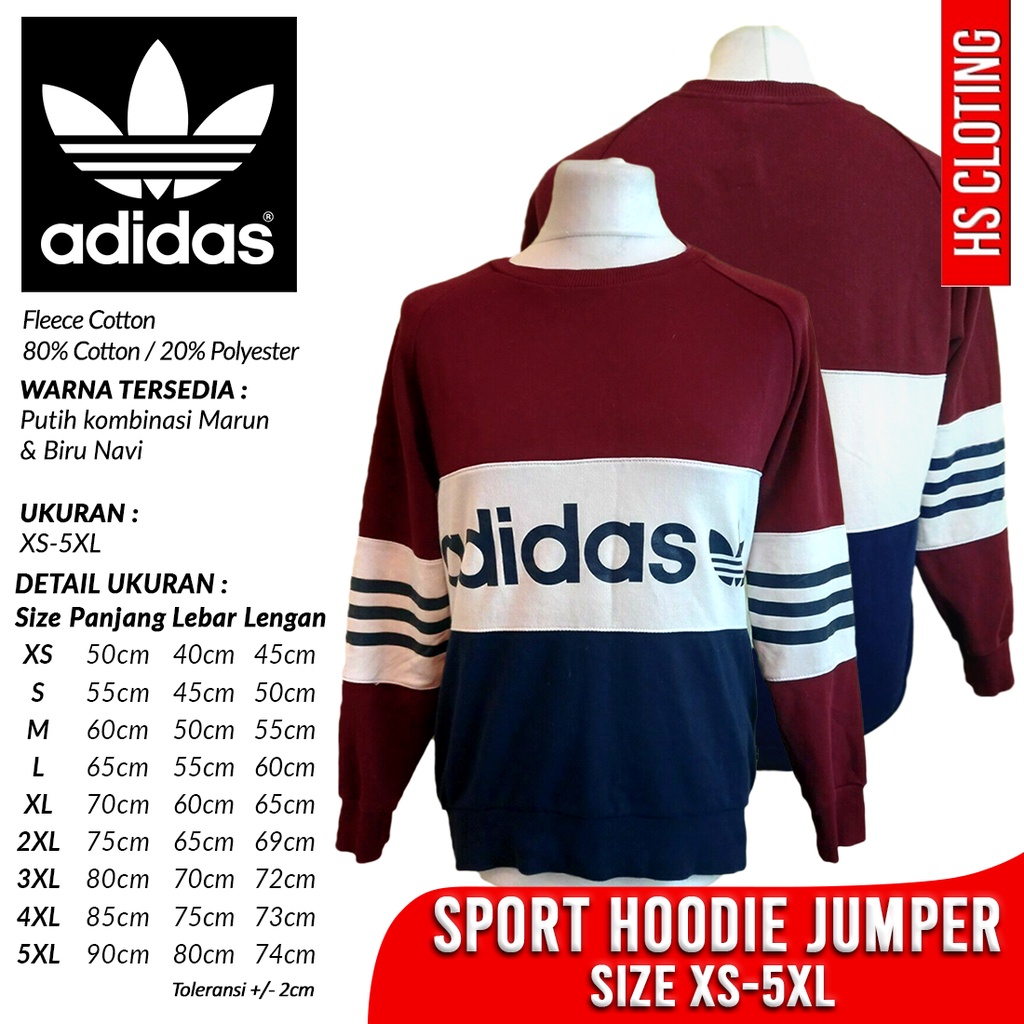Sweater ADIDAS Trefoil Sports XS-5XL Sweatshirt Crewneck Bahan Katun Fleece Merah Marun Putih Biru N