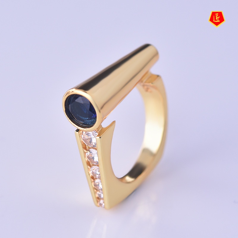 [Ready Stock]Creative Pen Holder Shape Inlaid Blue Gemstone Ring