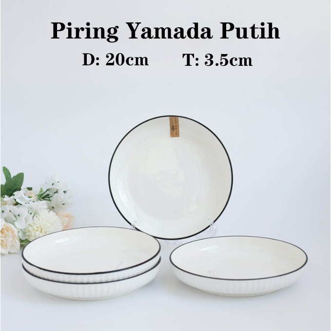 Piring Keramik Jepang Seri Yamada Putih Classic Lukisan Tangan Ukuran 18cm/20cm