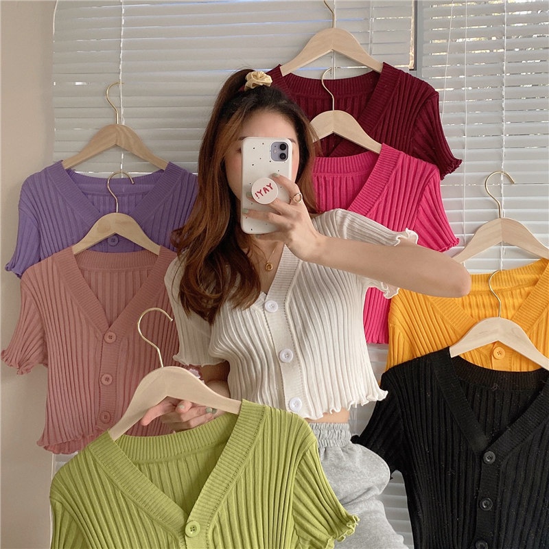 Baju Wanita T-Shirt Rajut V-neck Cardigan Lengan PendekCrop Top Rajut Bandung