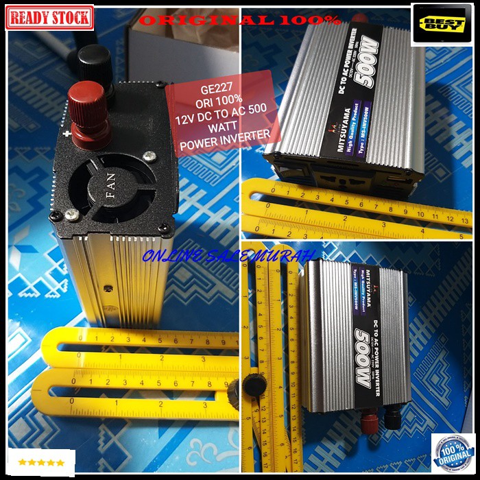 G227 Mitsuyama ori 100% adaptor power Inverter adapter 12v DC to AC500 Watt wat usb 5v aki accu mobil car listrik cas casan volt setrum asli ori charge socket universal hemat indikator stabilizer voltage lighter original G227   Perkiraan ukuran : 20 x 6 x