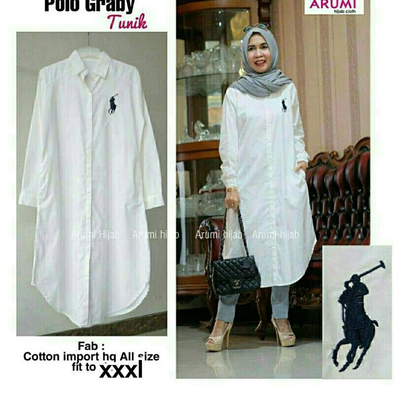 JUMBO Polo Graby Tunik WHITE tunic wanita katun import big size XXXL LD120 cewek busui fashion putih