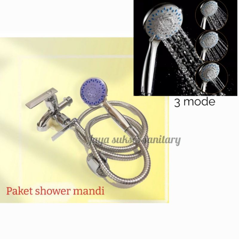 Paket Shower Kamar Mandi Set Hand Shower Kran Cabang Stainless Drat 1/2&quot;