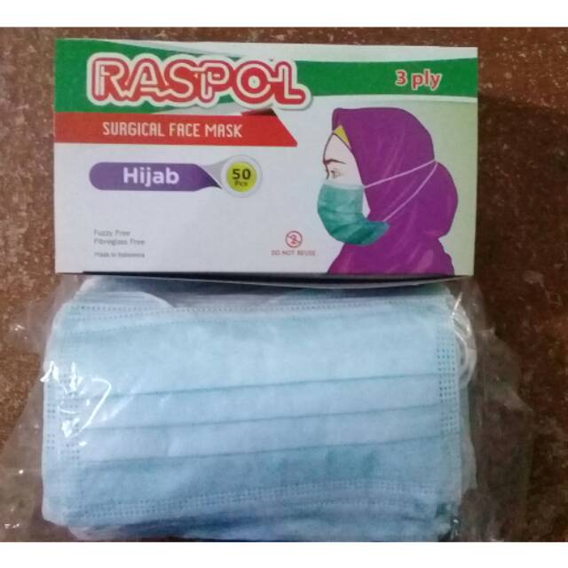 RASPOL masker 3ply hidung mulut hijab biru non onemed