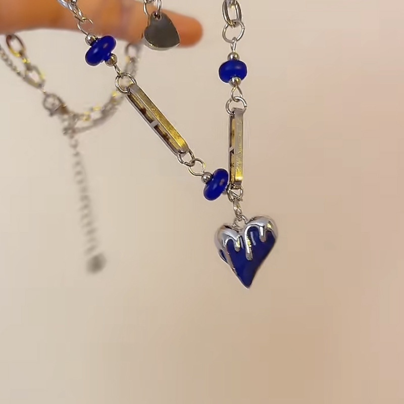 Kalung Rantai Desain Hati Biru Gaya Hip Hop