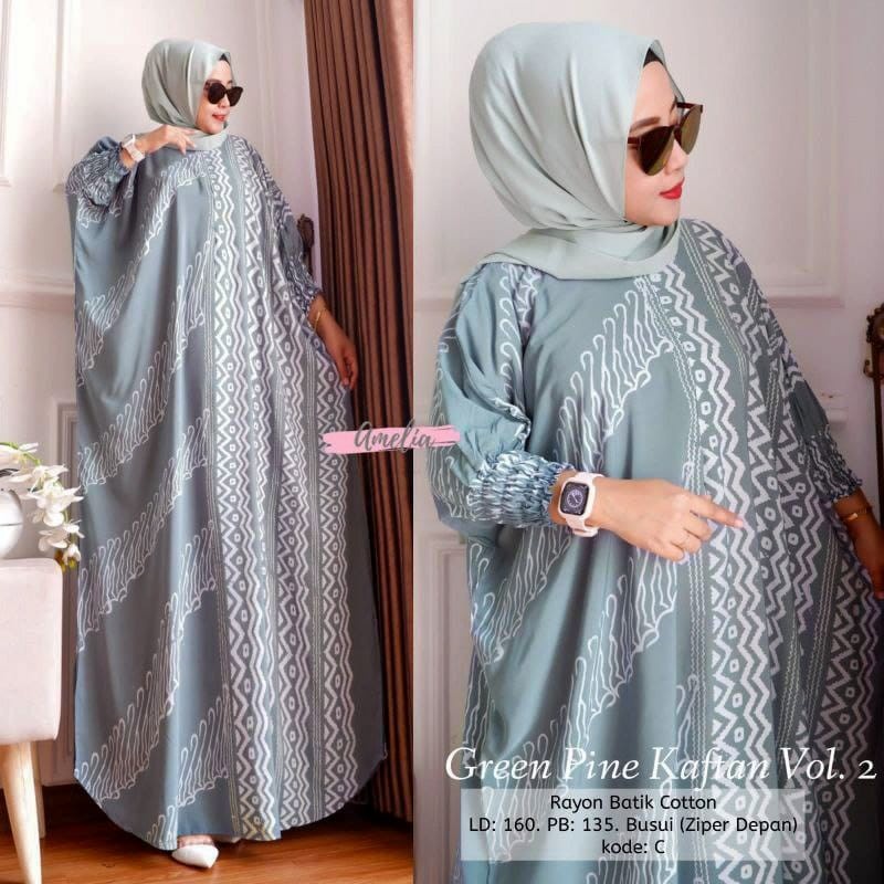 Green Pine Kaftan Motif Catur Batik Soft Color Jumbo Busui Resleting Depan Rayon Premium