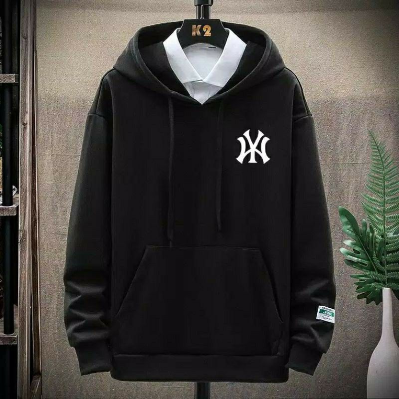 Sweater Cowok Cewek NY Hoodie Pria Wanita Ny Switer logo bordir-Hitam