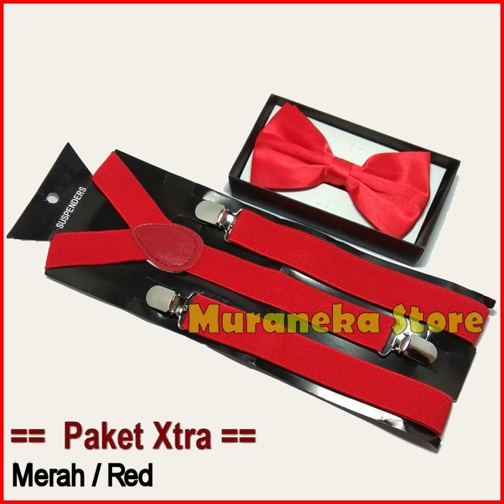 Paket XTRA MERAH RED Dasi Kupu Bretel Suspender Wedding Bridesmaid MC Bowtie Tali Jojon Pria