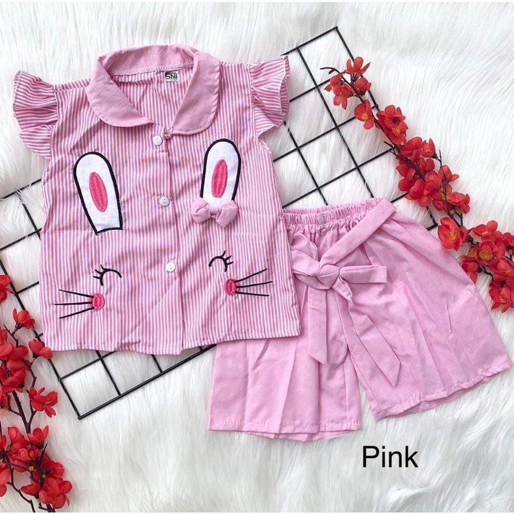 Baju setelan kemeja celana gambar kelinci lucu fashion anak bayi cewek perempuan murah -kem