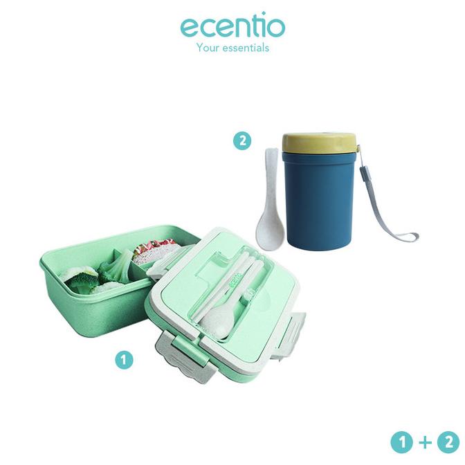 ecentio lunch box set kotak makanan anti tumpah tas bekal set - Hijau,1dan2