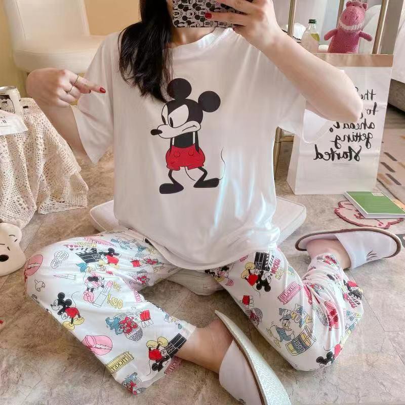 Baju Tidur Piyama Set/Piyama Wanita Import/Baju Piyama Motif Kartun/Woman Sleep Wear-P7-Putih Miky