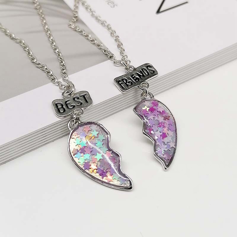 Unisex 2 Pcs BFF Necklace Womens Heart Pendant Best Friend Letter Necklace Fashion Couple Chain Necklace Men Friendship Jewelry