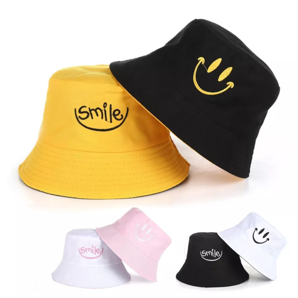 TOPI BUCKET BORDIR SMILE SMILE BOLAK BALIK  TOPI BUCKET KOREA COD