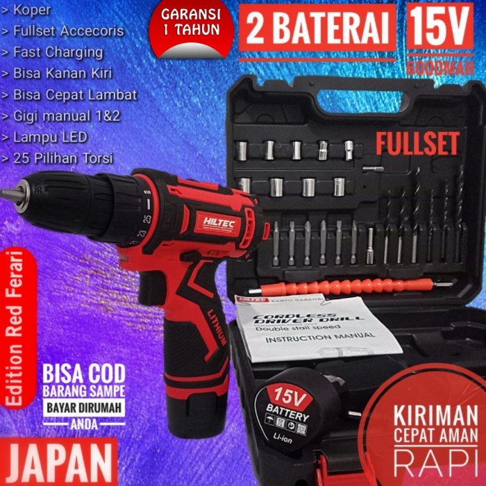 Mesin Bor Tanpa Kabel cordless 15V HILTEC Bor Baterai Original
