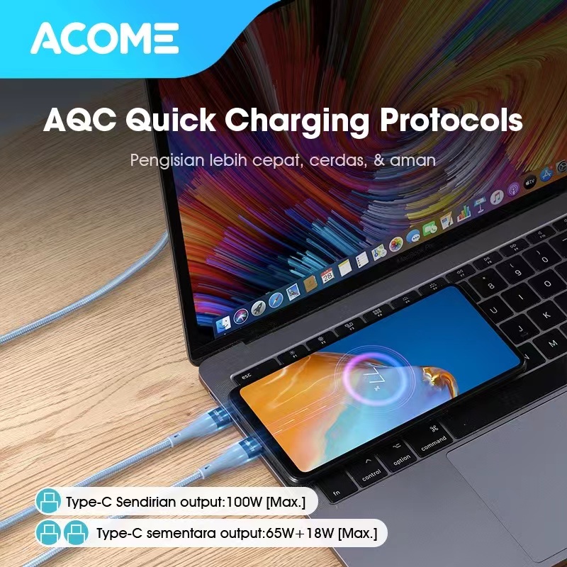 Acome Kabel Data Type-C 2 100W 2 in 1 Quick Charging Cable Garansi Resmi 1 Tahun ACC012