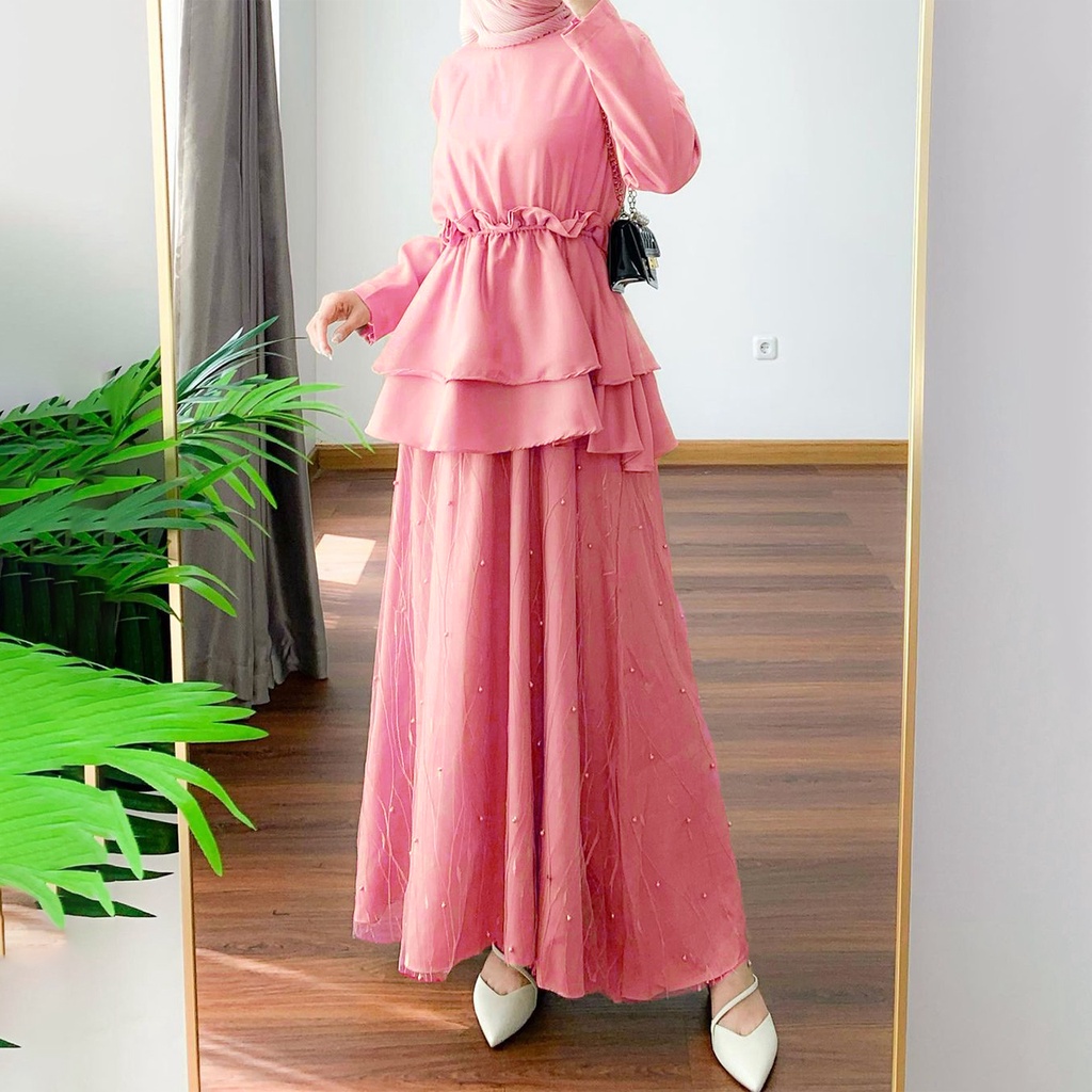 NEW ARRIVAL - Maxi Dress Kondangan Elaine Gamis Brukat Tulle Mutiara / Dress Bridesmaid Kekinian / Baju Kondangan Wanita / Long Dress Outfit Wisuda