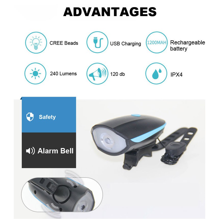 Lampu Sepeda LED USB dengan Klakson- TaffLED- LAMPU CHARGE-RECHARGEABLE-ANTI AIR-WATERPROOF-USB