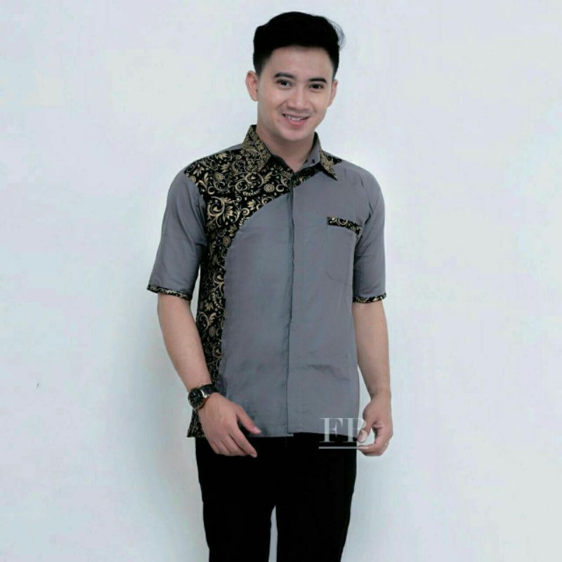 BAJU KOKO KOMBINASI BATIK LEBARAN WARNA ABU GOLD LENGAN PENDEK M L XL