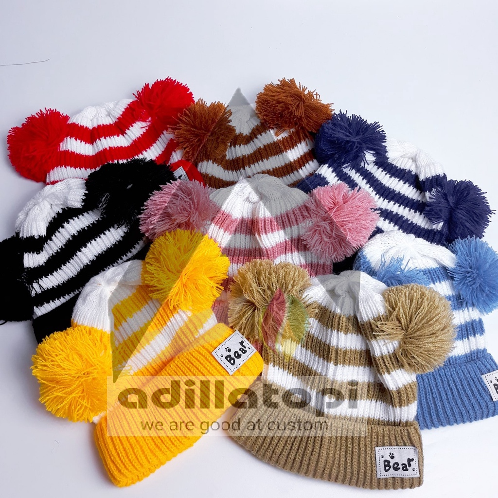 Kupluk bear belang belang gratis nama sendiri| topi kupluk bear | kupluk usia 2 tahun