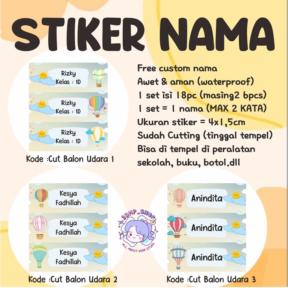 Stiker label nama custom request buku botol cutting anak perempuan sd laki laki pria muslim faceless cutting